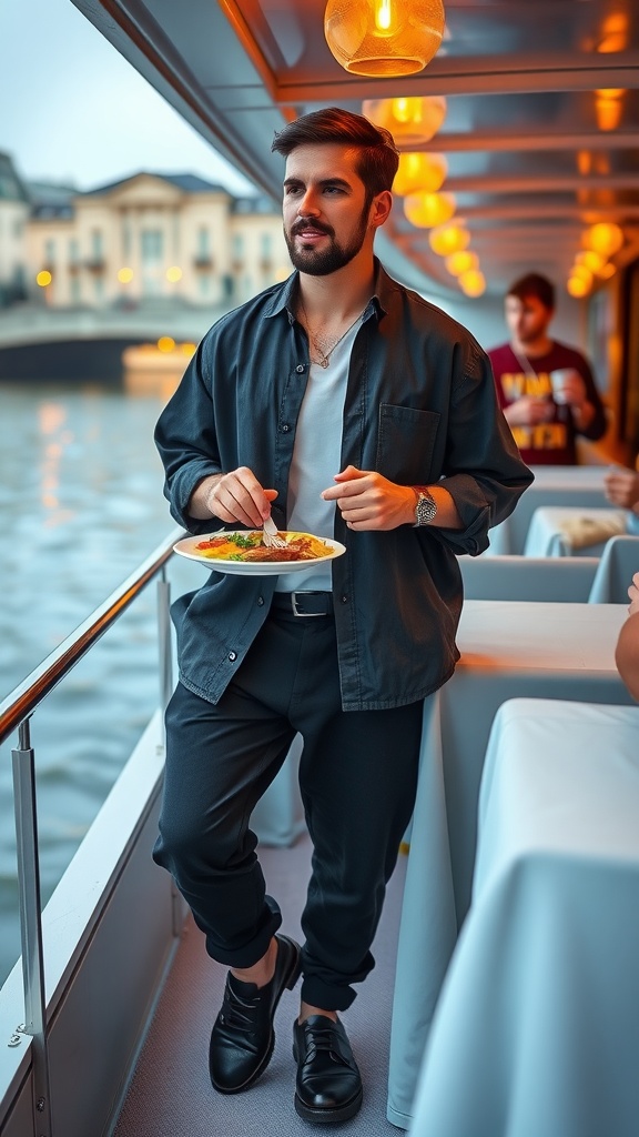 A man wearing a denim jacket, graphic t-shirt, and cargo pants standing on a riverboat