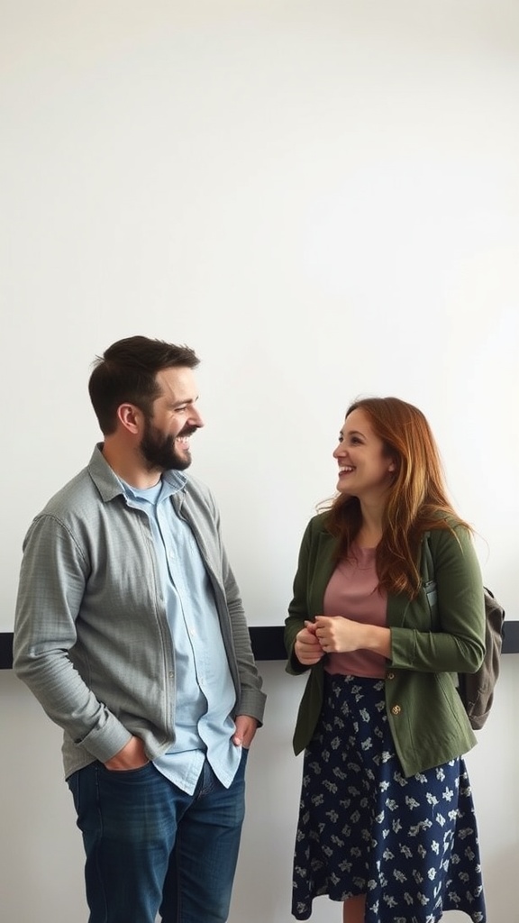 A man and a woman laughing together, enjoying a light-hearted conversation.