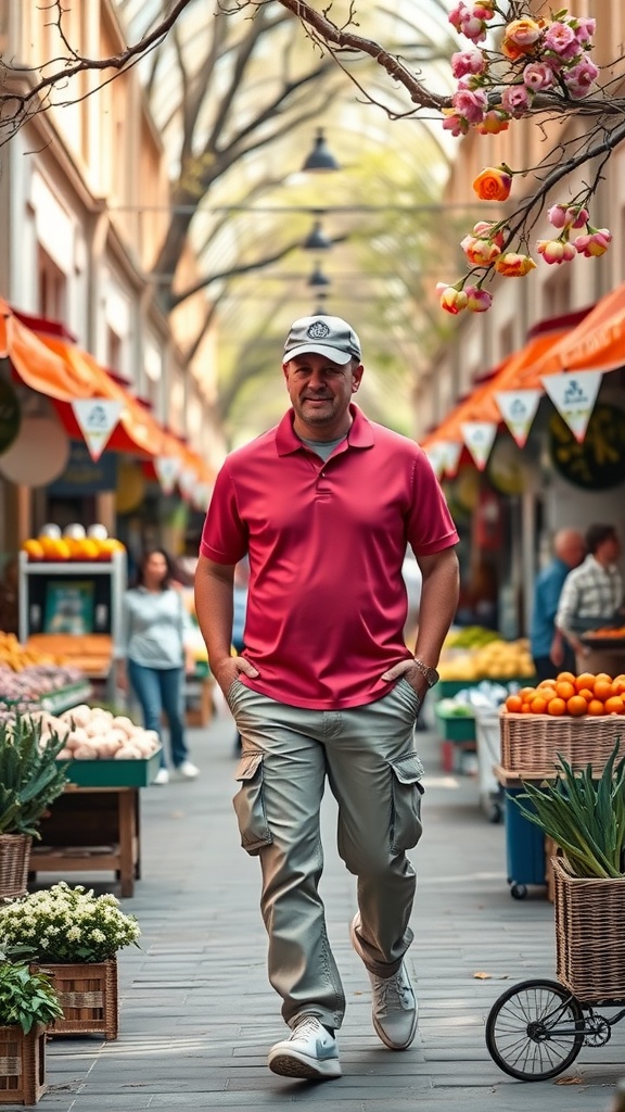 A man wearing a vibrant red polo shirt and cargo pants, walking in a market setting.