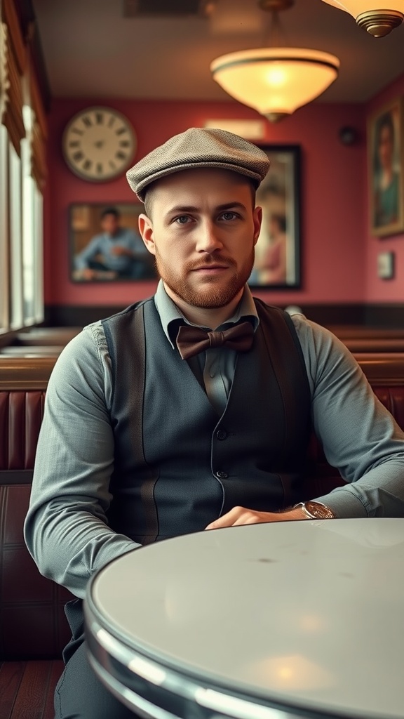 A man in a vintage-inspired outfit with a vest, bow tie, and flat cap, sitting at a diner table.