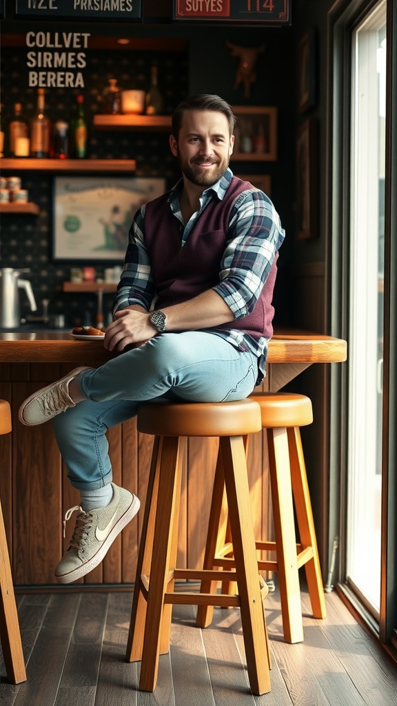 A man sitting on a stool at a bar wearing skinny jeans and a flannel shirt.