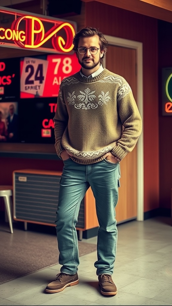 Man wearing an oversized sweater with grey jeans and brown shoes.