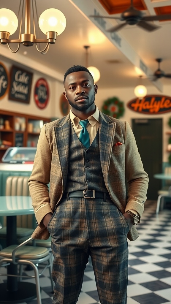 A stylish Black man wearing a plaid suit in a retro diner setting.