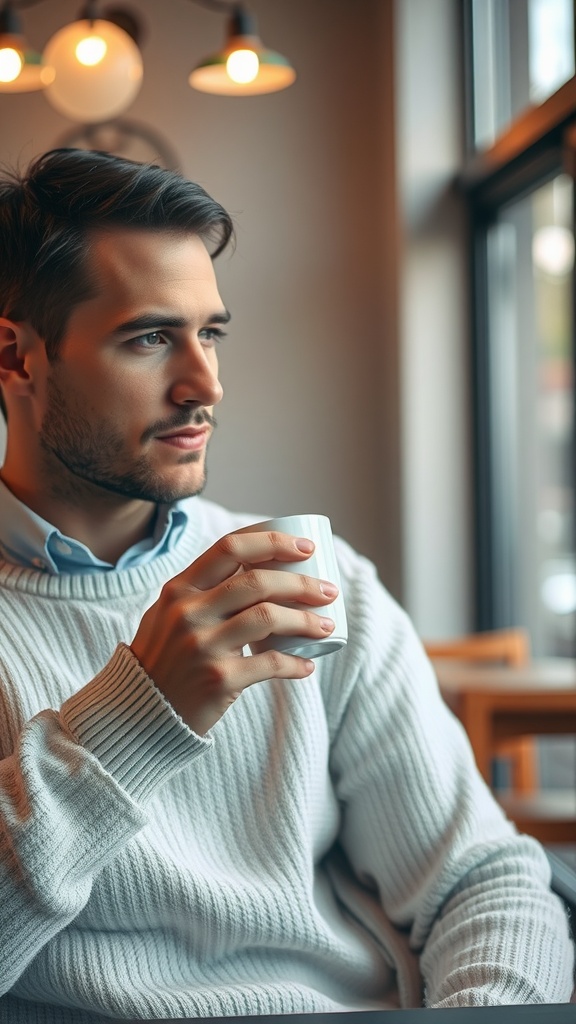 A man in a warm white sweater, sitting in a cozy café, holding a cup and looking thoughtfully out the window.