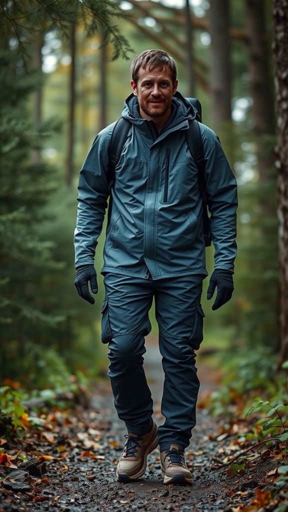 Man wearing a waterproof jacket and hiking pants in a forest setting.