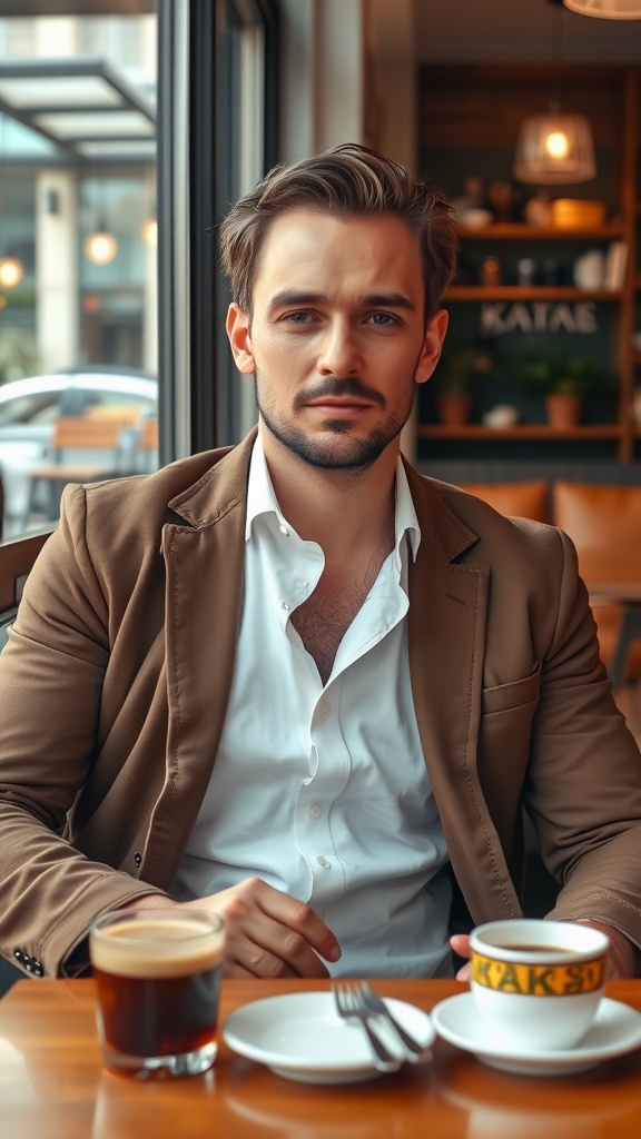 A man wearing a stylish jacket and white shirt enjoying coffee at a café.