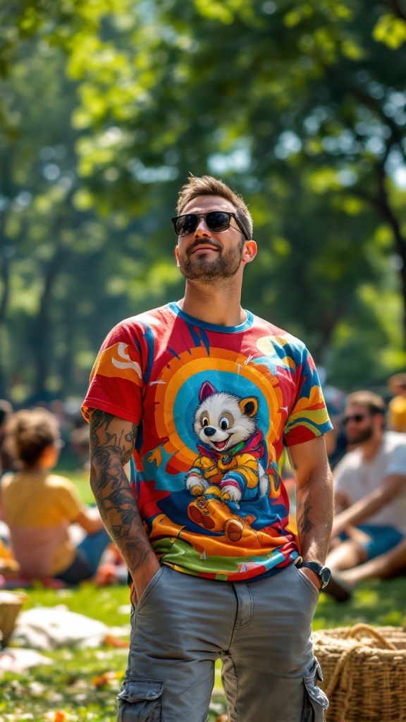 A man in a graphic tee and grey jeans enjoying a casual day out with friends in a park