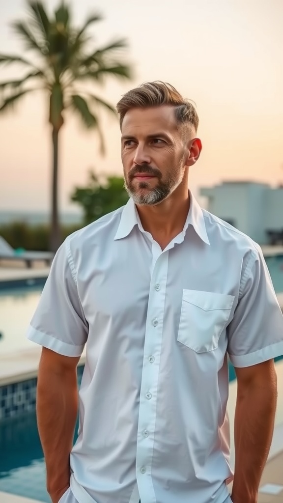 A stylish man wearing a light gray suit with a white shirt and white belt, featuring a classic watch with a white strap.