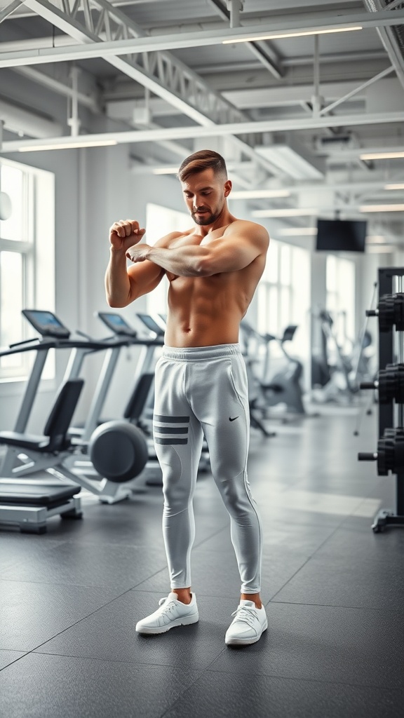 A man in a gym wearing light gray athletic pants and white shoes, preparing for a workout.