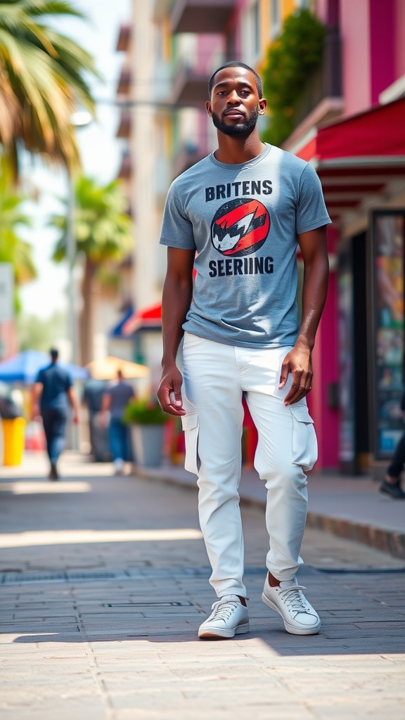 A man wearing a gray graphic t-shirt with white cargo pants and white sneakers, walking down a sunny street.