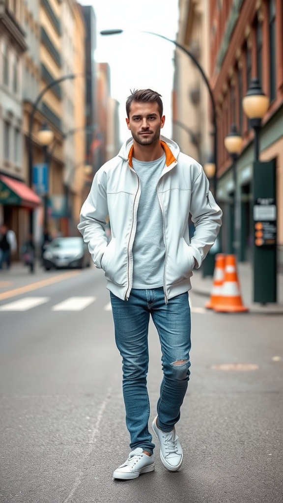 A man walking down a city street wearing a white casual jacket, grey t-shirt, distressed jeans, and white sneakers.