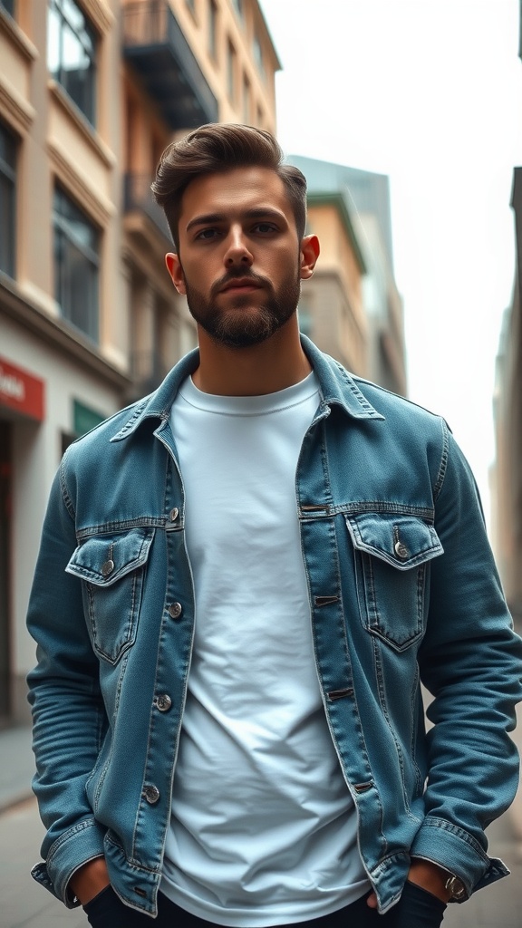 Man wearing a white crew neck tee and denim jacket in a city setting.