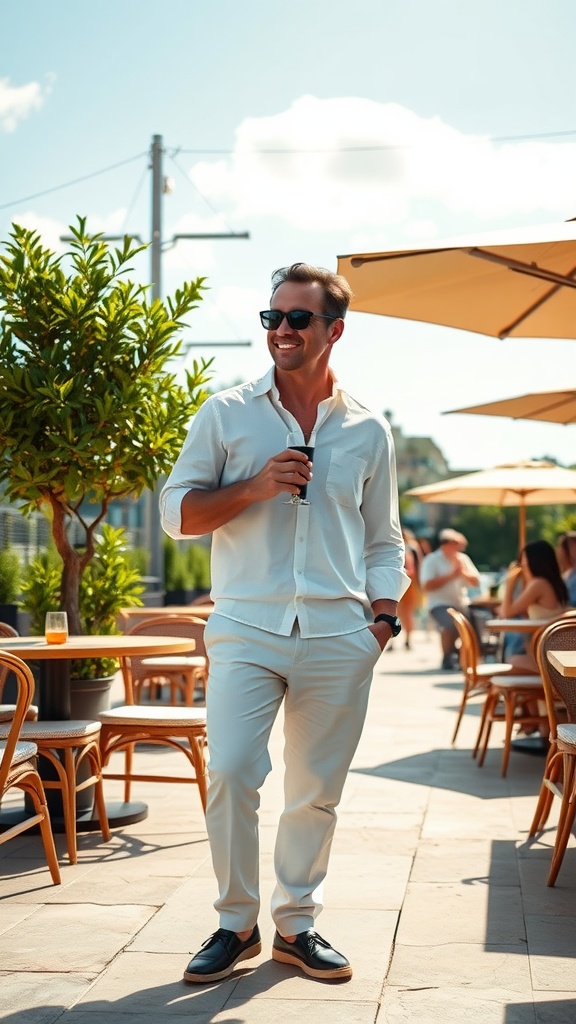 A man wearing white dress pants and a casual top, enjoying a drink outdoors.