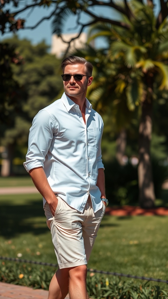 A man wearing a white dress shirt and tailored shorts, walking outdoors with sunglasses.