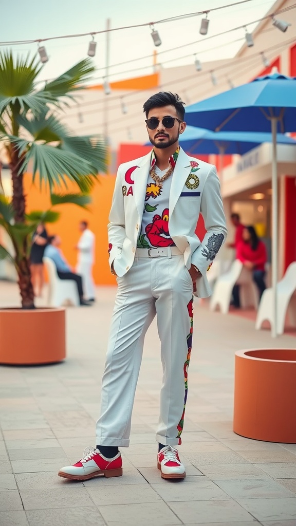 A man in a stylish white suit with colorful prints on his shirt and pants, wearing red shoes and sunglasses.