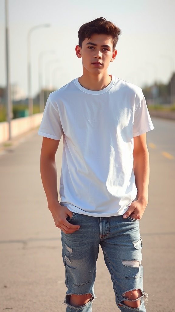 A young man wearing a plain white graphic tee and ripped jeans, standing confidently on a sunny road.