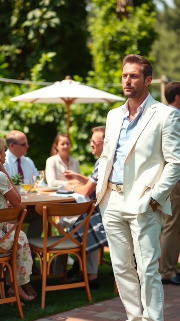 A man in a white linen suit stands confidently in a garden setting during a summer event.