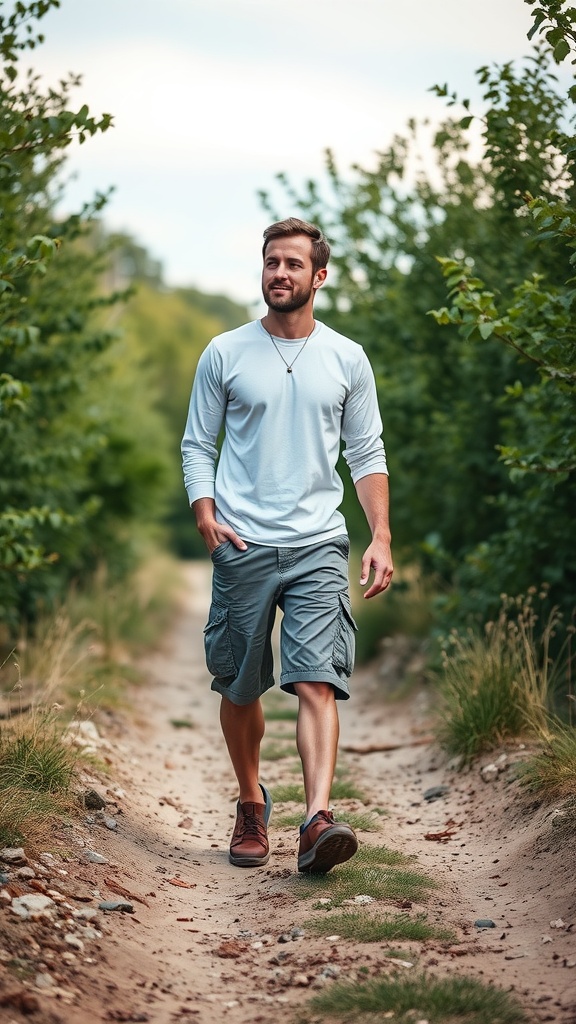 A man wearing a white long-sleeve tee and cargo shorts, walking on a path surrounded by greenery.