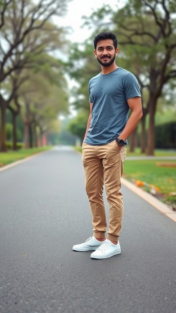 A man standing on a road wearing white sneakers, beige chinos, and a casual t-shirt.