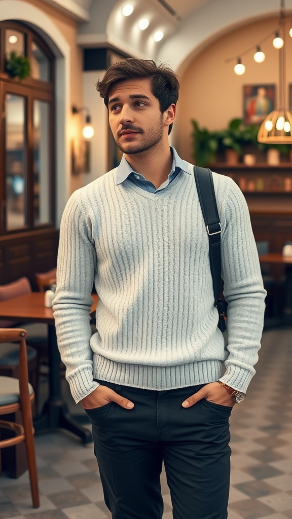 A man in a cozy white sweater layered over a checkered shirt, standing confidently in a warm and inviting indoor setting.