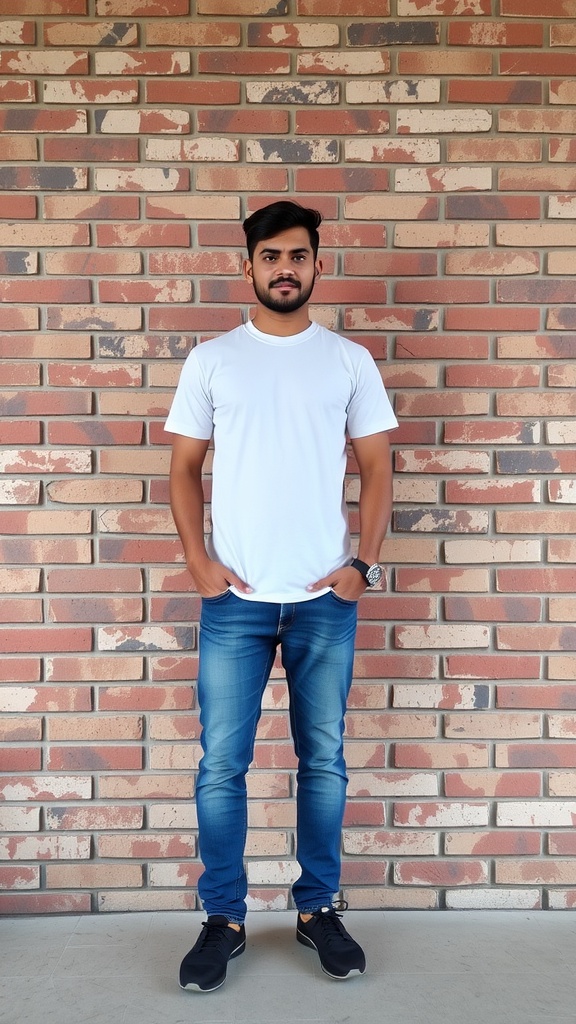 A man wearing a white t-shirt and blue jeans, standing against a brick wall.