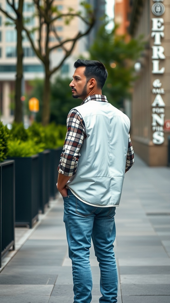 Man wearing a white vest over a plaid shirt, standing casually on a city street.