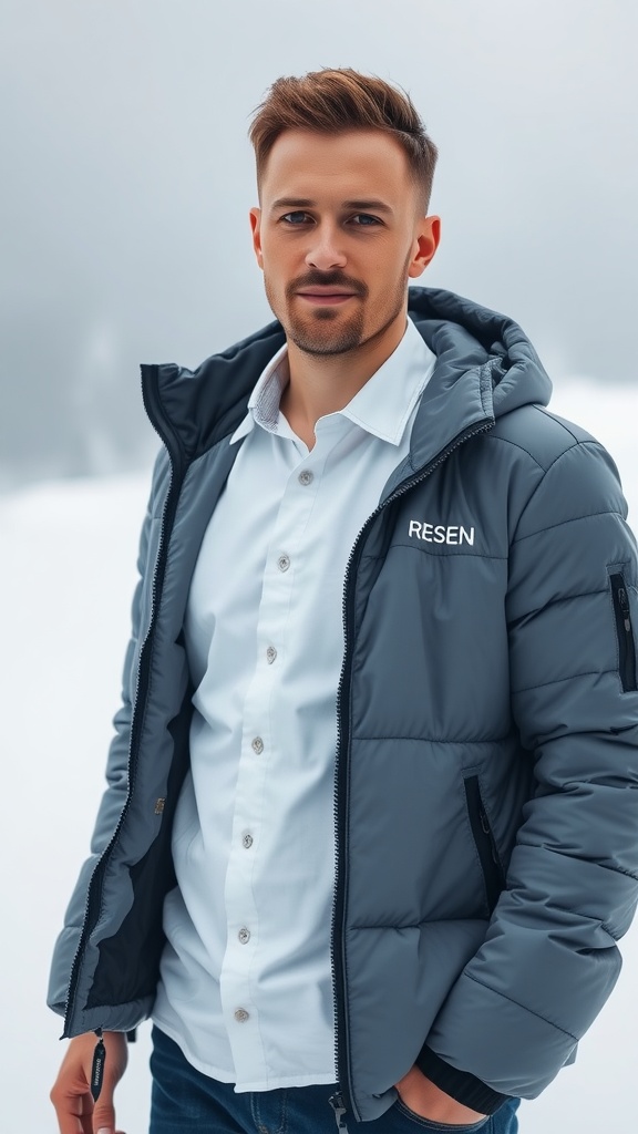 A person wearing a black puffer jacket over a white shirt, with a snowy landscape in the background.