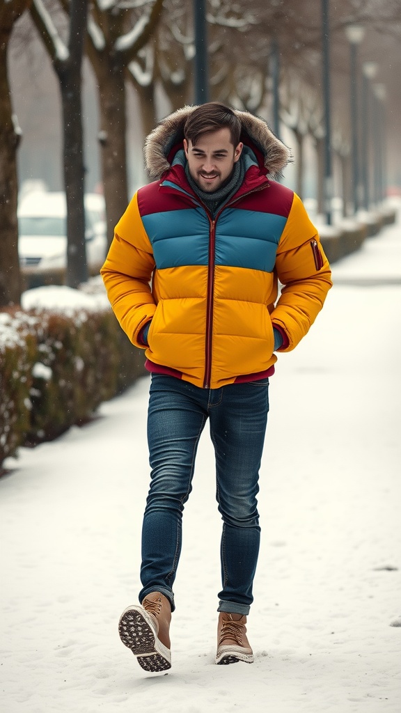 A man walking in the snow, wearing a colorful puffer jacket, skinny jeans, and boots.