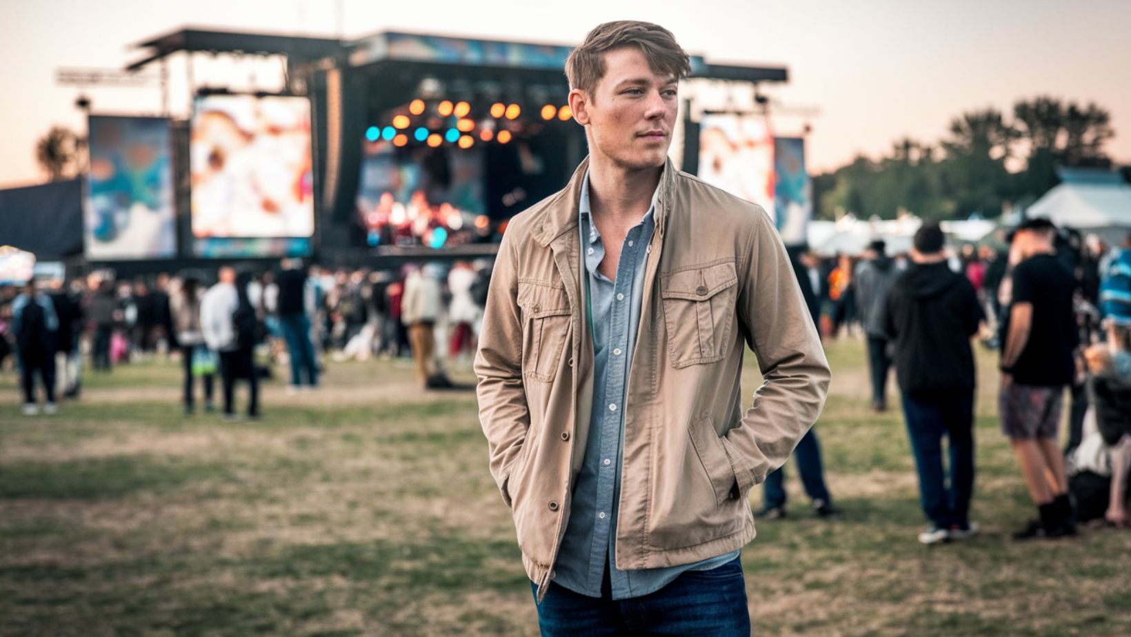 a man in a utility jacket over a casual outfit, standing near the stage at a music festival