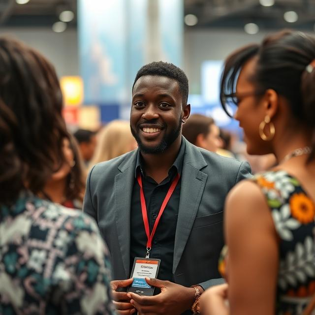 a confident black Man talking to a group of women at convention