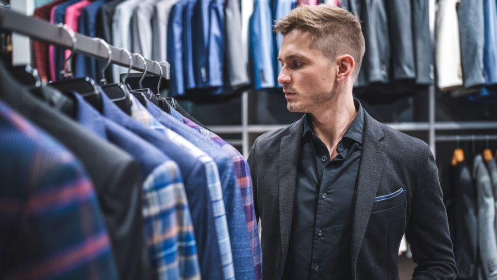 a man looking a different color blazers in a clothing store