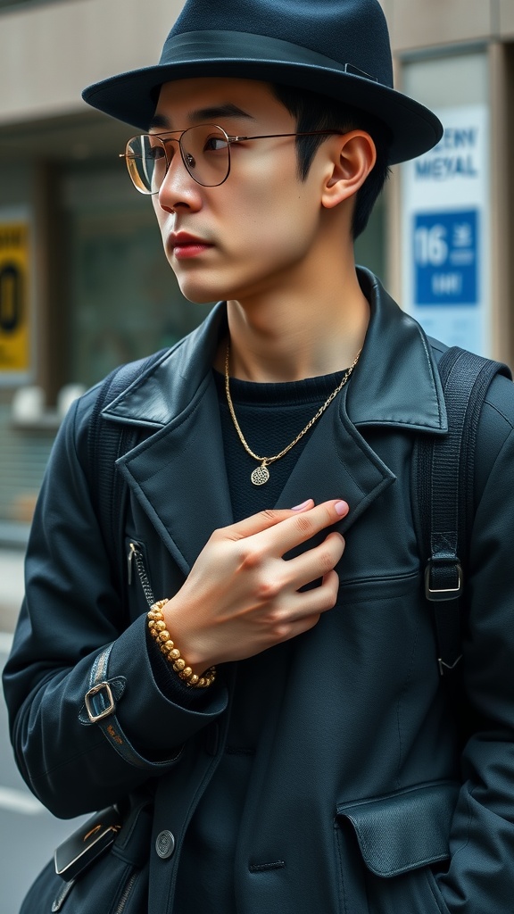 A stylish young man wearing a black coat, glasses, and a fedora, showcasing fashion accessories like a gold chain and a beaded bracelet.