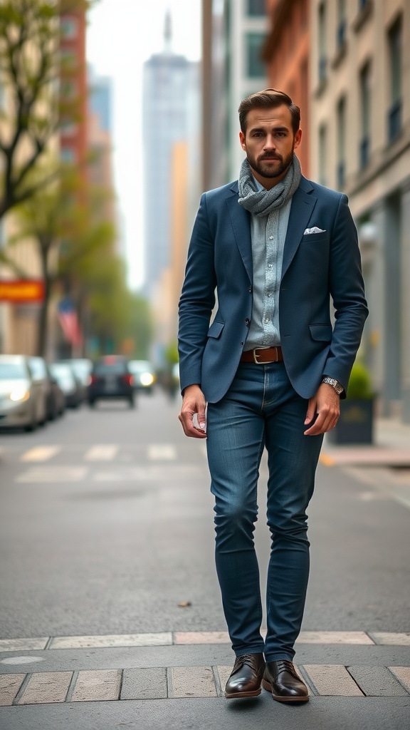 Man wearing a blazer, jeans, and a scarf, standing on a city street.