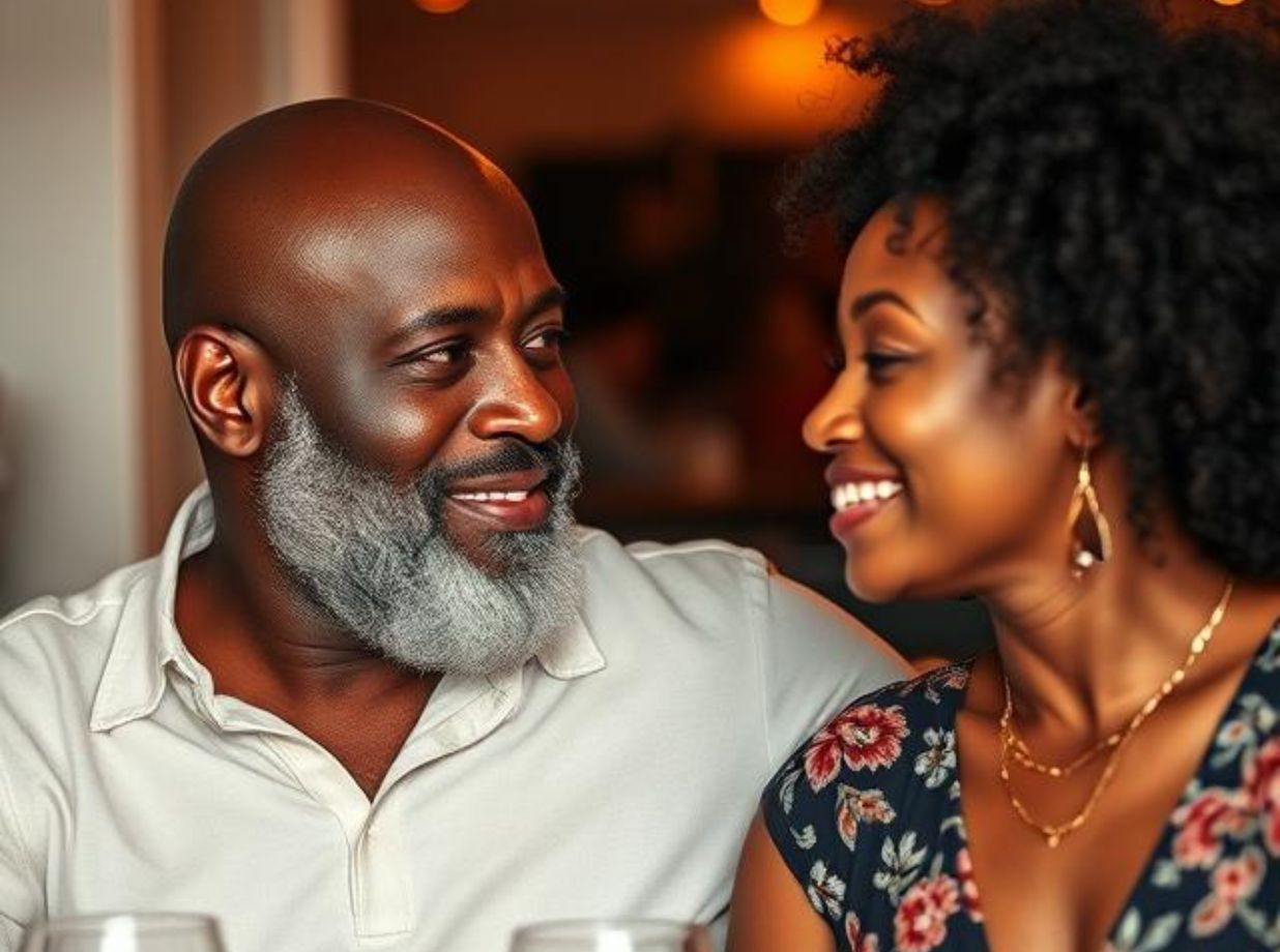 and older black man with a beard with some grey in it on a date with an older black woman