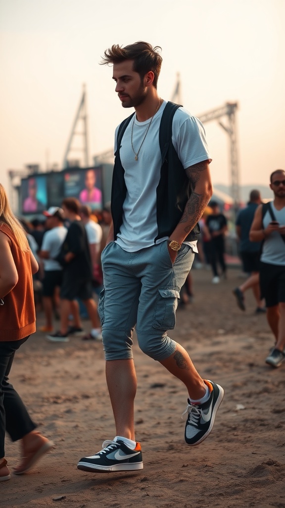 A man in a casual outfit with a white t-shirt, cargo shorts, and sneakers at a concert.