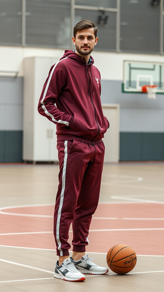 A young man in a maroon tracksuit and white sneakers standing on a basketball court with a basketball.