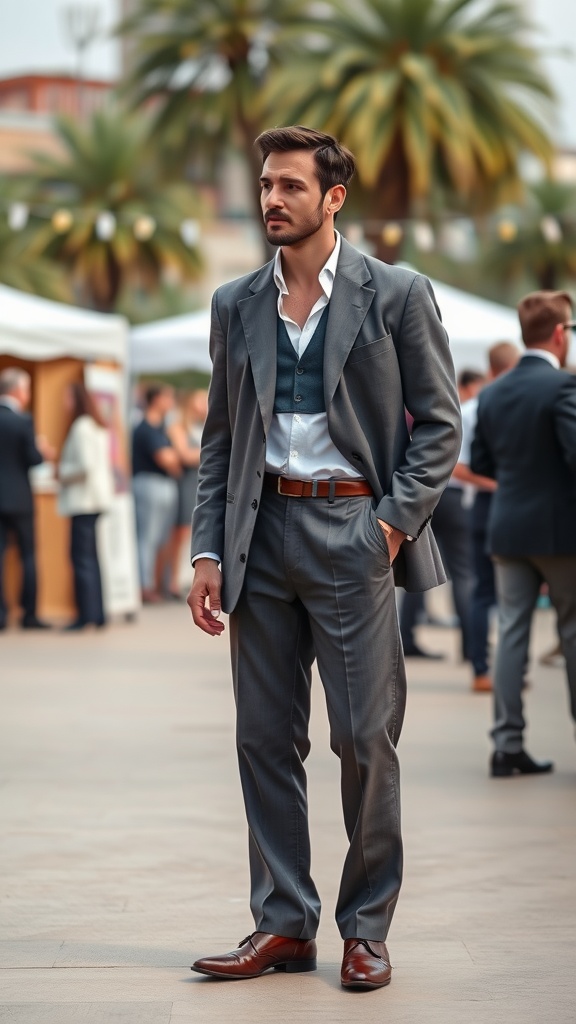A man in a baggy suit with a vest and dress shirt, standing confidently outdoors.