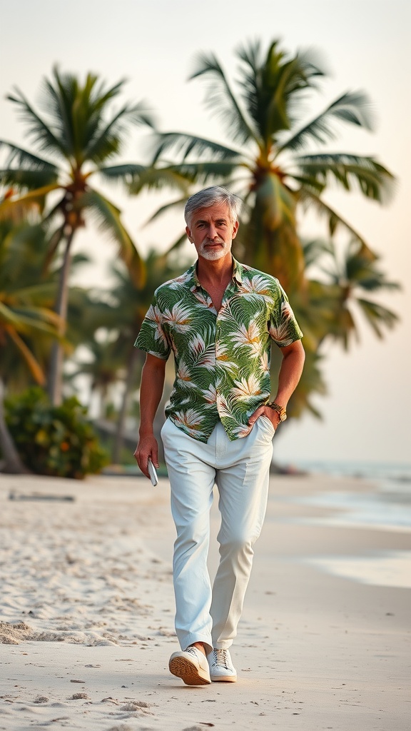 A man walking on the beach wearing white linen pants and a tropical shirt, surrounded by palm trees.