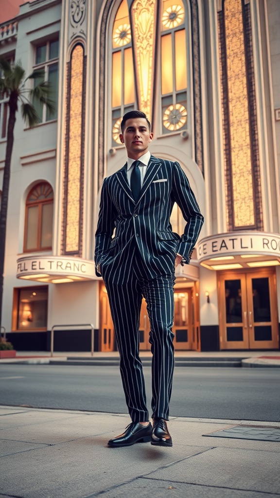 A man wearing a bold striped suit standing confidently in front of an elegant building.