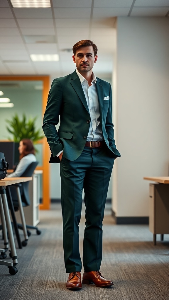 A man in a tailored forest green suit with a white shirt and brown shoes, standing confidently in an office environment.