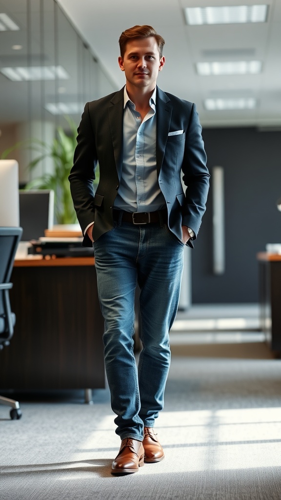 A man in a blazer and jeans outfit, standing confidently in an office setting, wearing brown leather shoes.