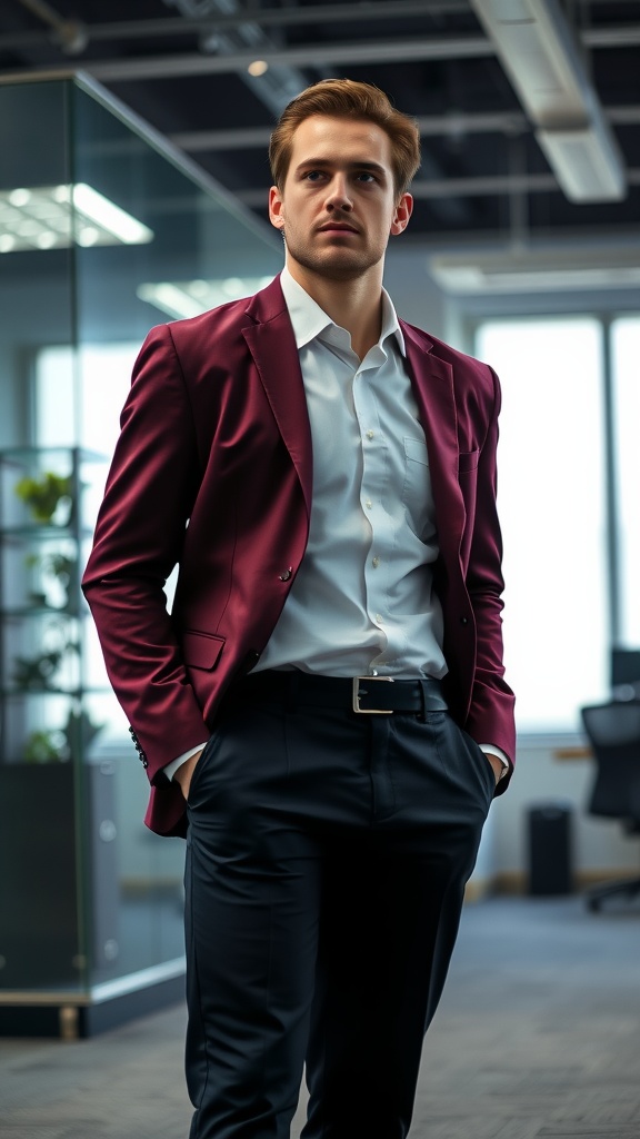 Man wearing a maroon blazer and white shirt in a business setting