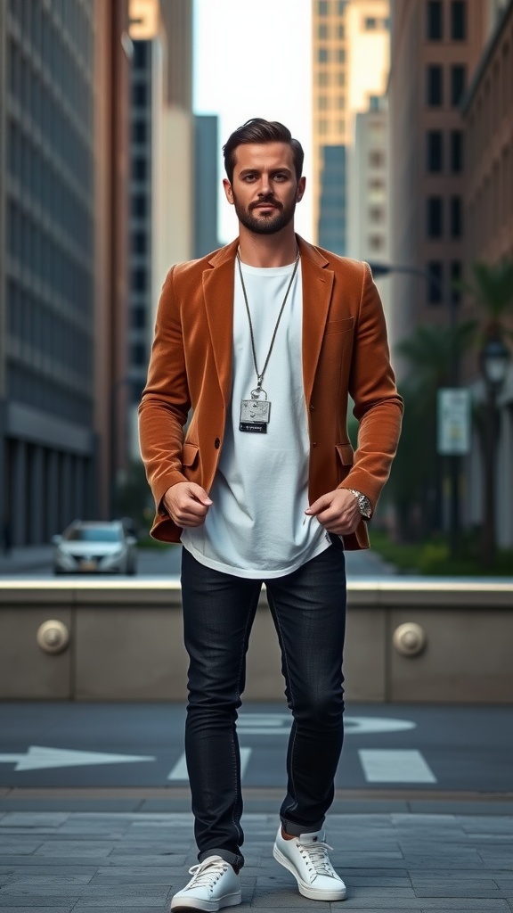 A man walking in a city wearing a brown blazer over a white t-shirt, paired with dark jeans and white sneakers.