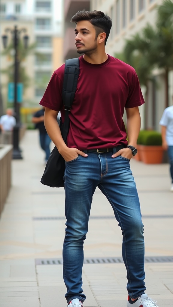 A young man in a maroon t-shirt and blue jeans walking in a casual setting.