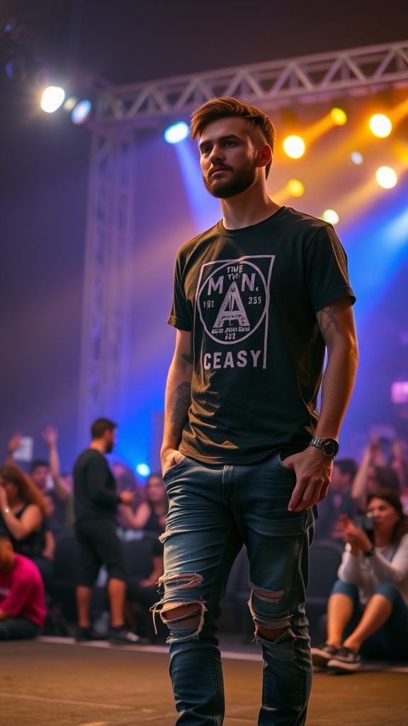 A man wearing a graphic tee and ripped jeans at a concert, standing confidently amidst a lively crowd.