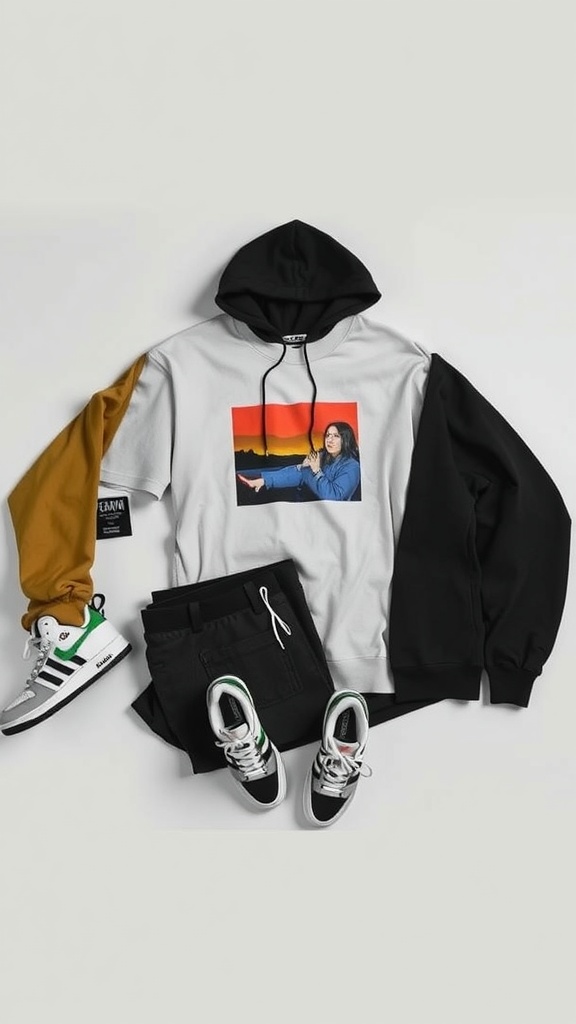 Casual streetwear outfit featuring a graphic hoodie, joggers, and stylish sneakers.