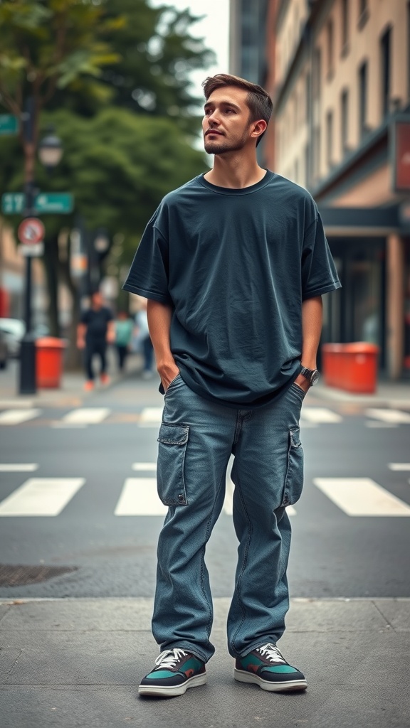 A young man wearing a baggy t-shirt and cargo pants, standing on a city street.