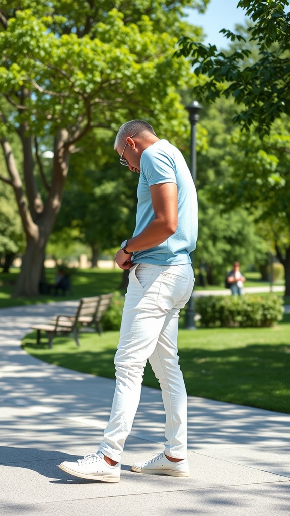 Man wearing white chinos and a blue t-shirt walking in a park