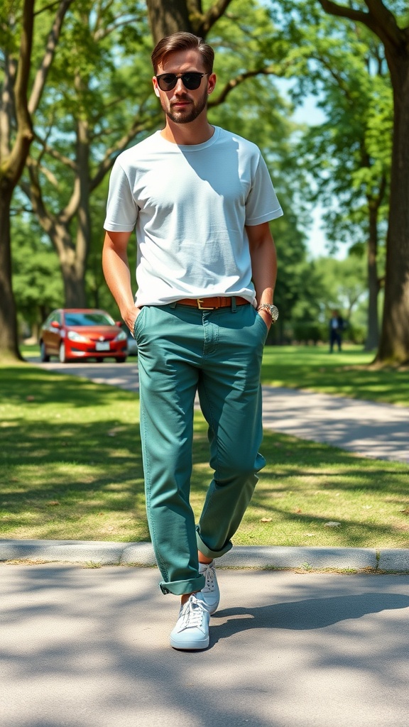 A man in a white t-shirt and green chinos, standing on a sunny path surrounded by trees.