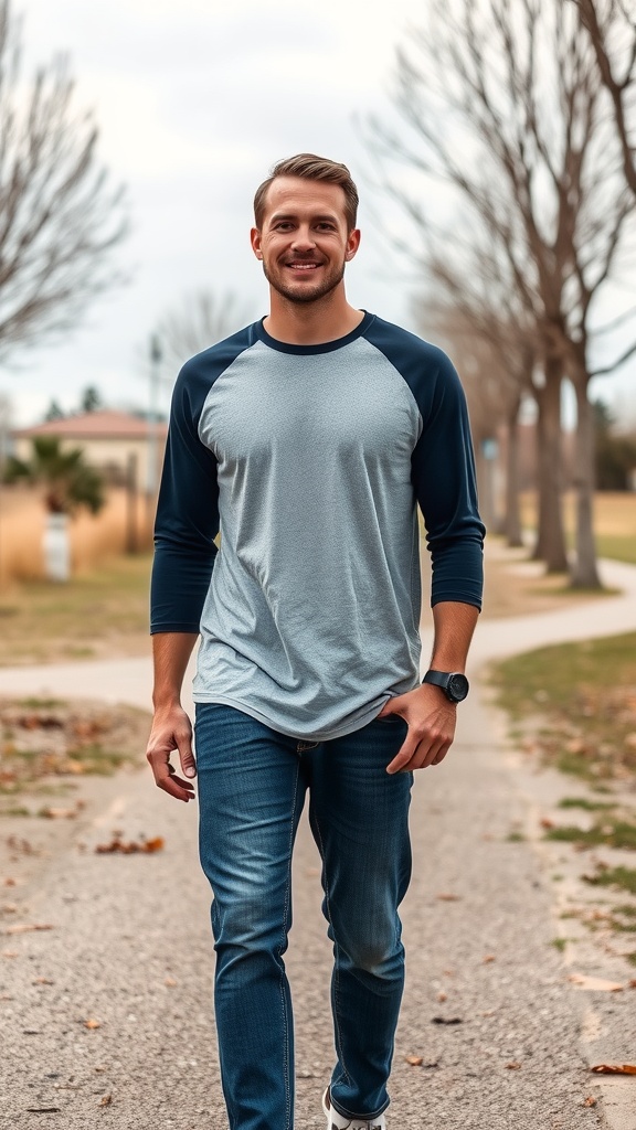 A young man walking on a path wearing a grey and navy raglan shirt and jeans.